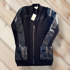Michael Kors Wool & Faux Leather Black Zip Up Cardigan